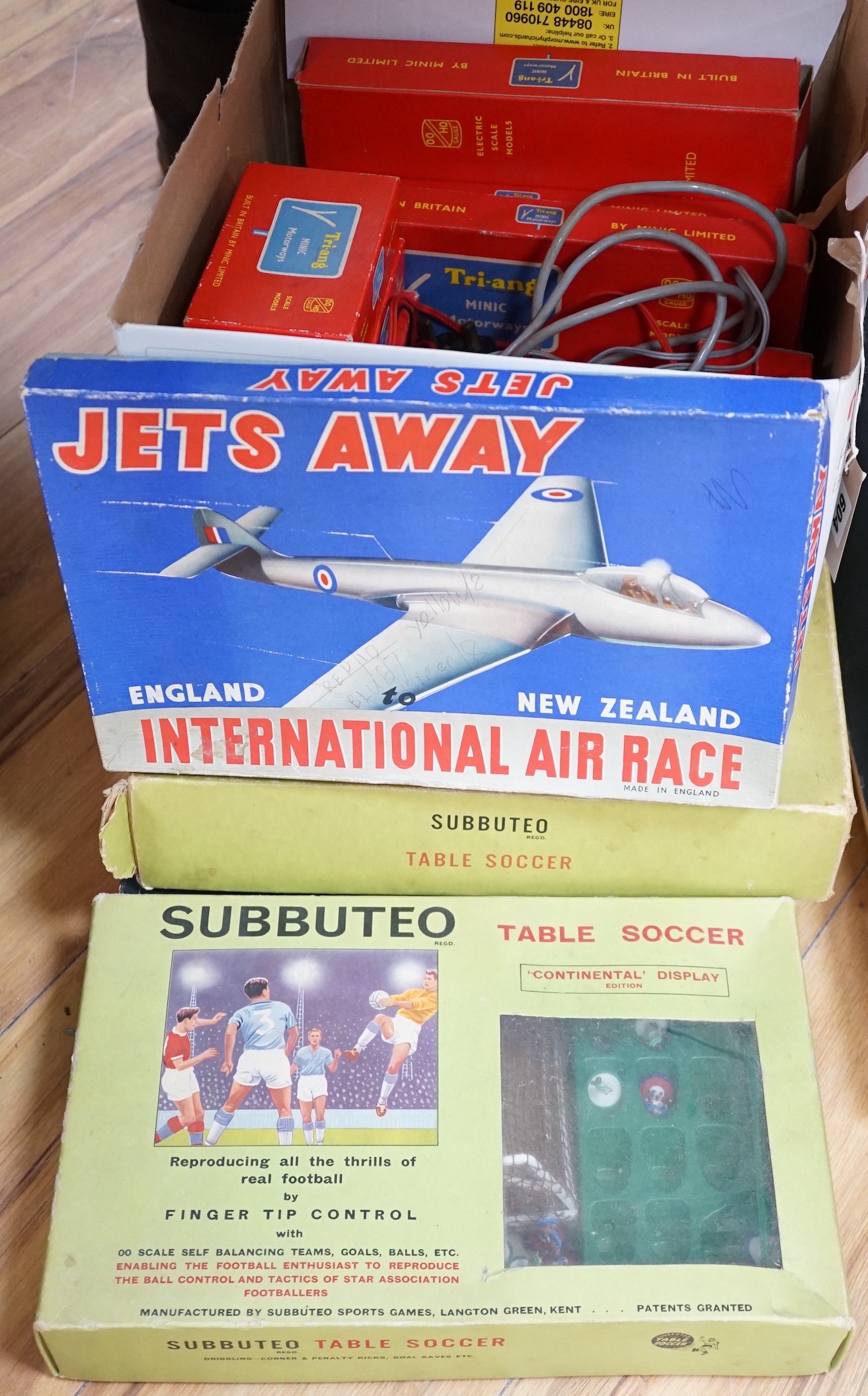 Triang Minic Motorways, in original set box, Triang Minic accessories, many boxed, two Subbuteo Table Soccer sets, both boxed, and Jets Away, in original box